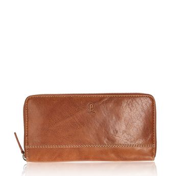 Poyem women's leather wallet with zipper - cognac brown